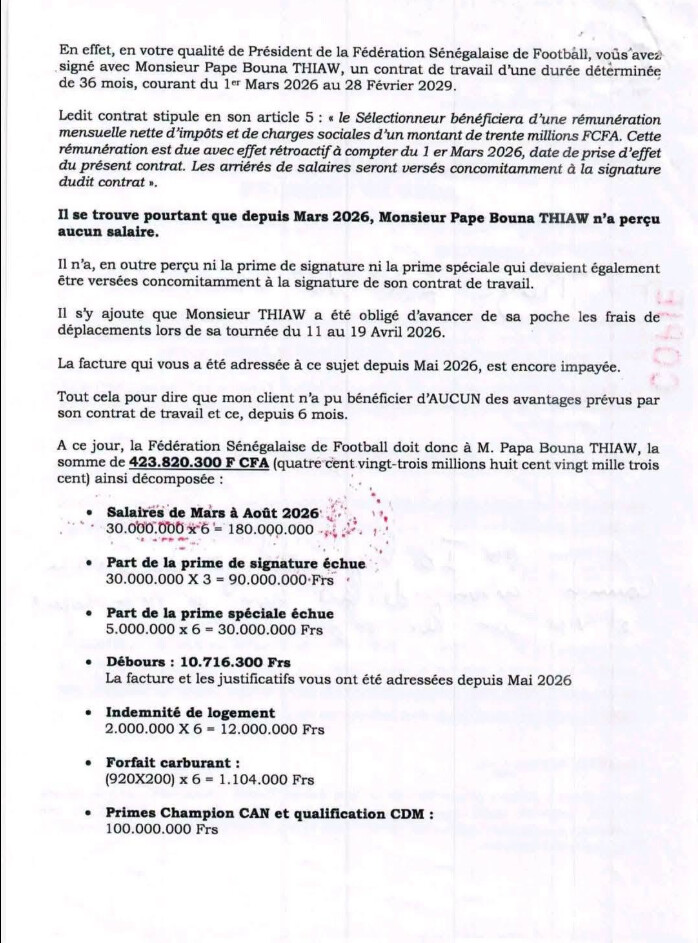 Pape Bouna Thiaw réclame 423,8 millions FCFA à la FSF : six mois de salaires et plusieurs primes impayés