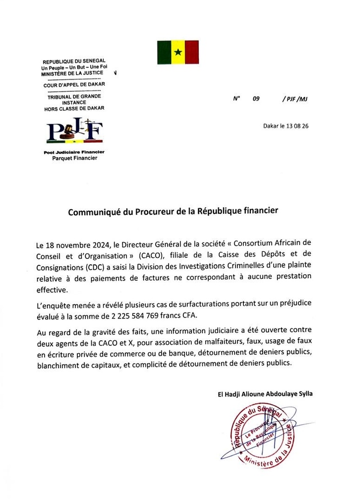 Surfacturation, détournements : Une information judiciaire ouverte par le PJF concernant deux agents d’une filiale de la CDC