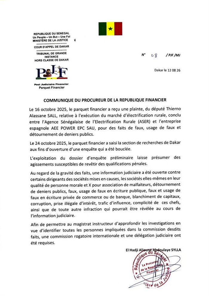 Affaire ASER-AEE Power EPC : Le Parquet financier ouvre une information judiciaire... Affaire ASER-AEE Power EPC : Le Parquet financier ouvre une information judiciaire...