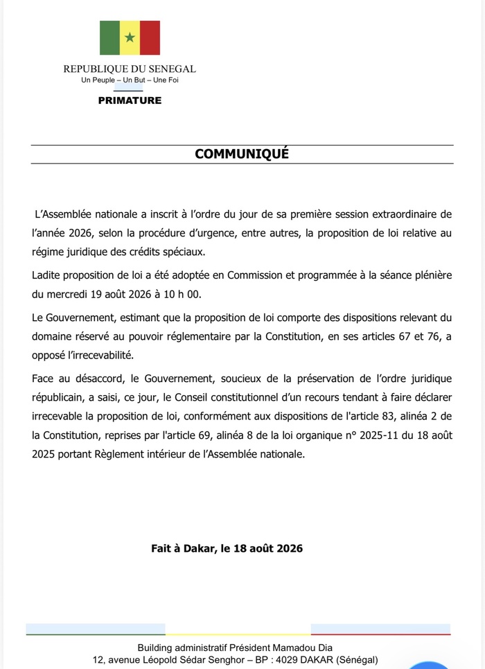 Conflit institutionnel autour d’une proposition de loi sur les crédits spéciaux : Le Gouvernement saisit le Conseil constitutionnel