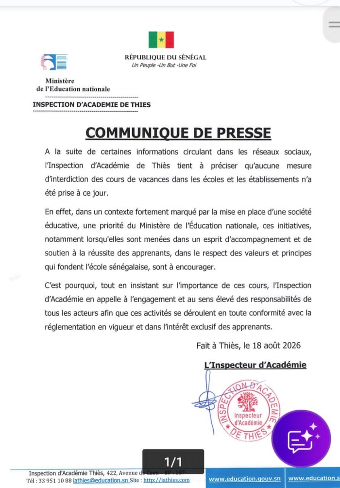 Rumeurs sur l'interdiction des cours de vacances dans les écoles : l'IA de Thiès apporte des précisions "aucune mesure d'interdiction n'a été prise à ce jour." Rumeurs sur l'interdiction des cours de vacances dans les écoles : l'IA de Thiès apporte des précisions "aucune mesure d'interdiction n'a été prise à ce jour."
