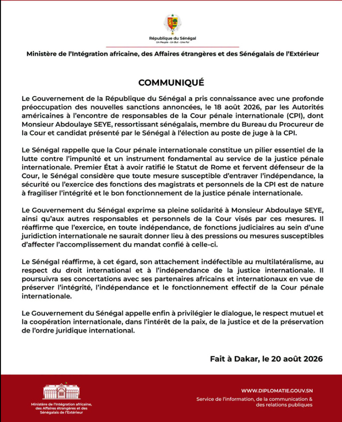 Sanctions américaines contre des responsables de la CPI: Le Sénégal dénonce et apporte son soutien à Abdoulaye Seye Sanctions américaines contre des responsables de la CPI: Le Sénégal dénonce et apporte son soutien à Abdoulaye Seye