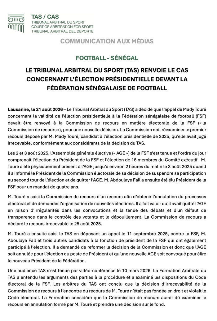 Élection à la présidence de la FSF / Violation du Code électoral : le TAS ne casse pas l’élection, mais relance la procédure et ordonne un nouvel examen du recours de Mady Touré
