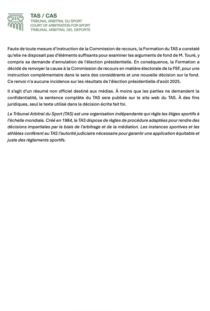 Élection à la présidence de la FSF / Violation du Code électoral : le TAS ne casse pas l’élection, mais relance la procédure et ordonne un nouvel examen du recours de Mady Touré