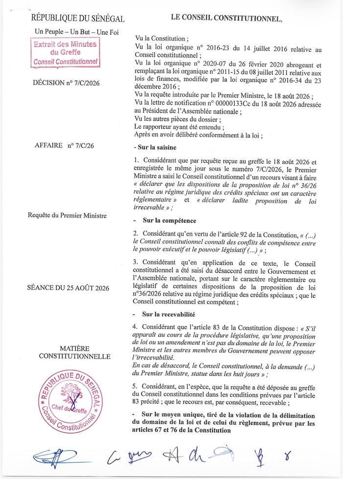 Crédits spéciaux : Ce que contient la décision du conseil constitutionnel sur l’irrecevabilité de la proposition de loi Crédits spéciaux : Ce que contient la décision du conseil constitutionnel sur l’irrecevabilité de la proposition de loi