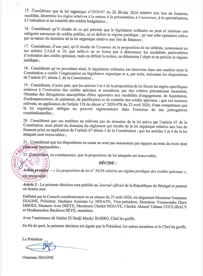 Crédits spéciaux : Ce que contient la décision du conseil constitutionnel sur l’irrecevabilité de la proposition de loi Crédits spéciaux : Ce que contient la décision du conseil constitutionnel sur l’irrecevabilité de la proposition de loi