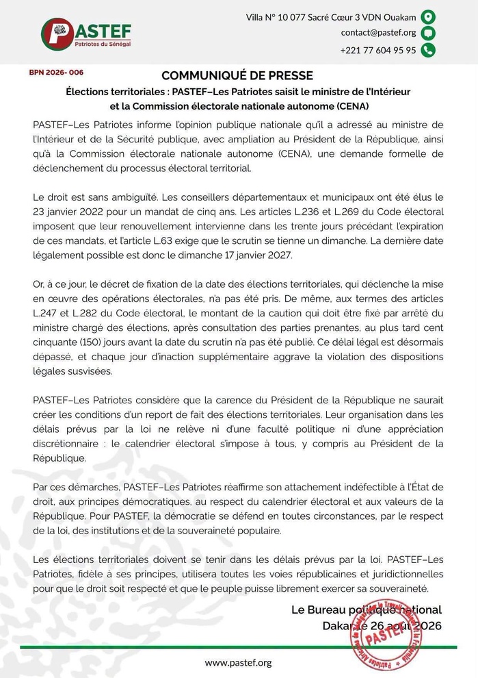 Élections territoriales - Respect du calendrier électoral : PASTEF saisit le ministre de l’Intérieur et la CENA