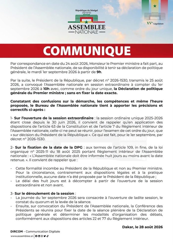 Déclaration de politique générale ce 1er septembre : Couac procédural selon l’Assemblée qui reprend la main sur le calendrier