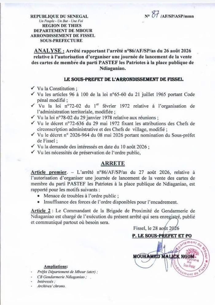 Vente de cartes à Ndiaganiao : Le sous-préfet de Fissel annule l’autorisation accordée au parti PASTEF Vente de cartes à Ndiaganiao : Le sous-préfet de Fissel annule l’autorisation accordée au parti PASTEF