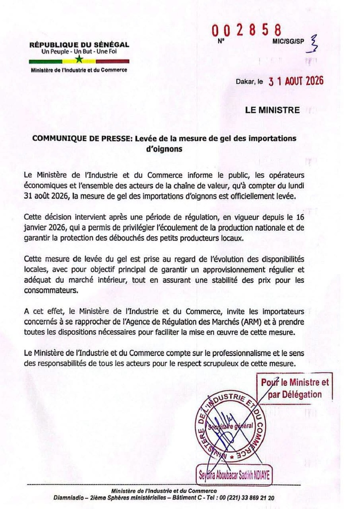 Oignons , Approvisionnement et stabilité des prix : le gouvernement Sénégalais lève officiellement le gel des importations à partir de ce 31 août après plus de sept mois de régulation