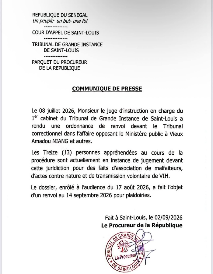 Association de malfaiteurs, « actes contre nature » et VIH : le procès de 13 prévenus renvoyé au 14 septembre à Saint-Louis Association de malfaiteurs, « actes contre nature » et VIH : le procès de 13 prévenus renvoyé au 14 septembre à Saint-Louis