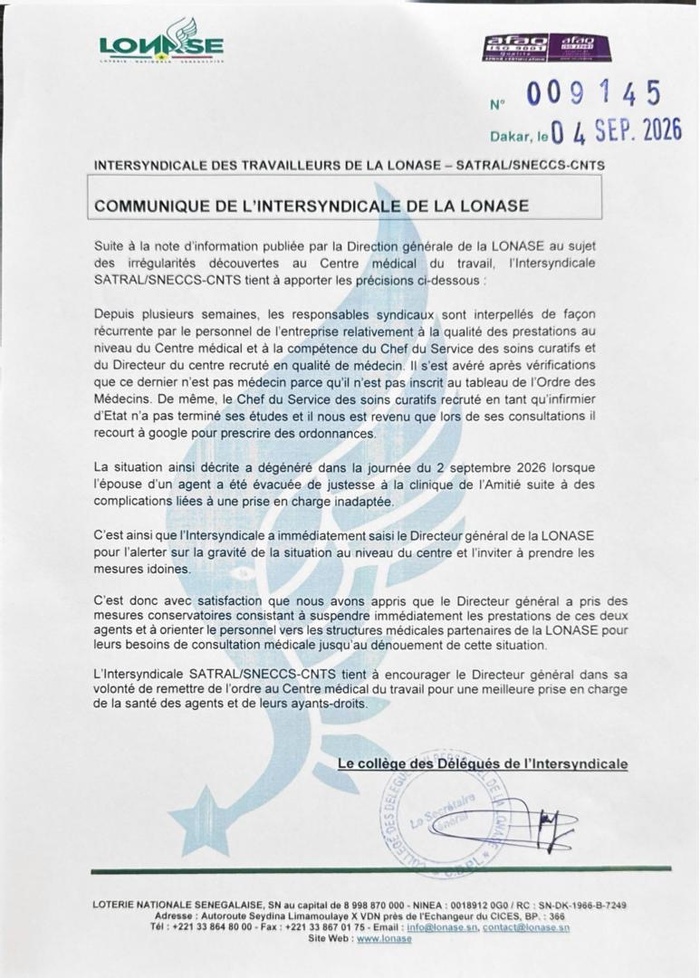 Affaire des deux agents de la LONASE suspendus après des irrégularités : L’intersyndicale confirme avoir saisi la Direction