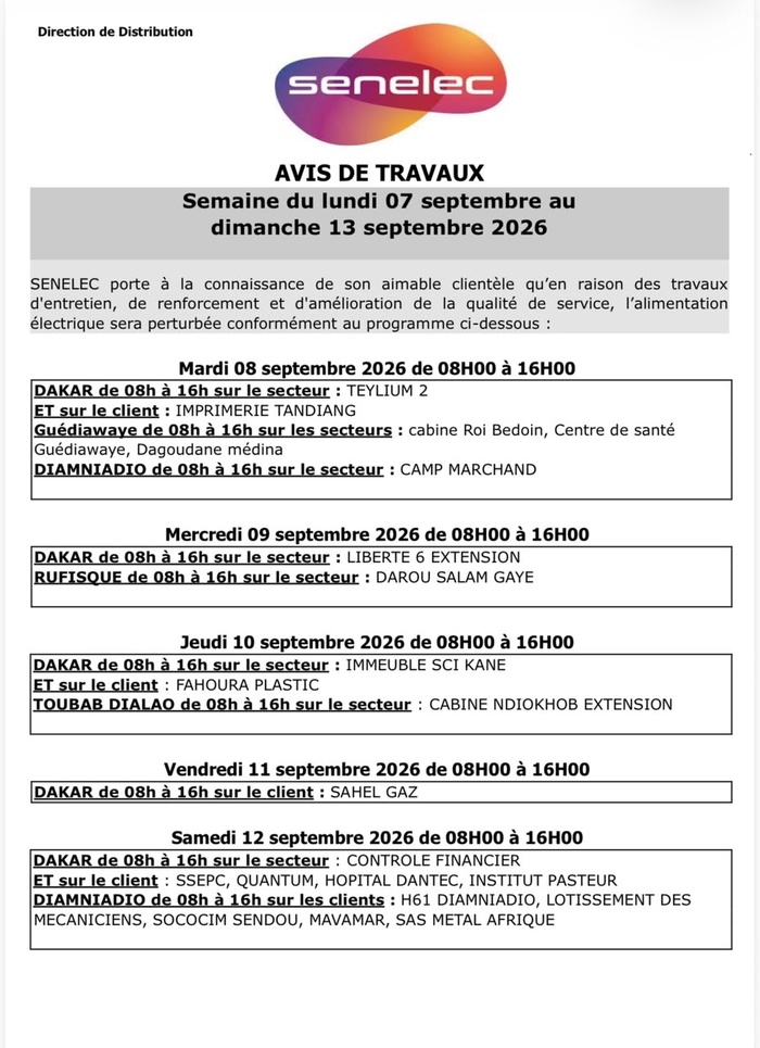 Travaux de renforcement du réseau : Senelec programme une semaine de perturbations à Dakar, Guédiawaye et Diamniadio