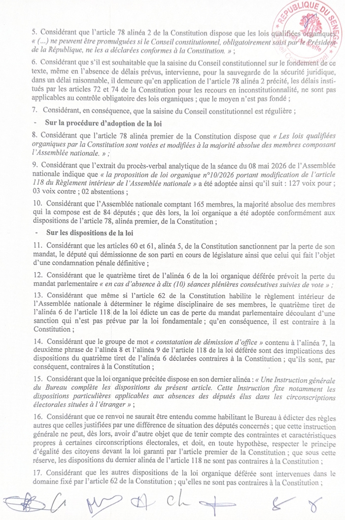 Conseil constitutionnel : la perte du mandat pour dix absences consécutives censurée, l’article 118 partiellement retoqué… les Sages fixent une ligne rouge à l’Assemblée nationale