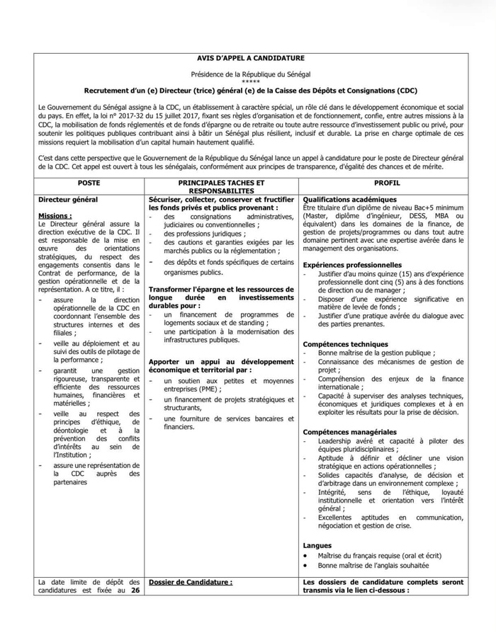 CDC: La Présidence de la République lance un appel à candidature pour la direction générale