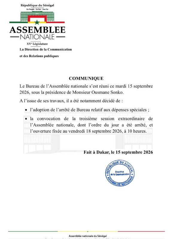 Dépenses spéciales: L'Assemblée nationale convoque une troisième session extraordinaire pour le 18 septembre