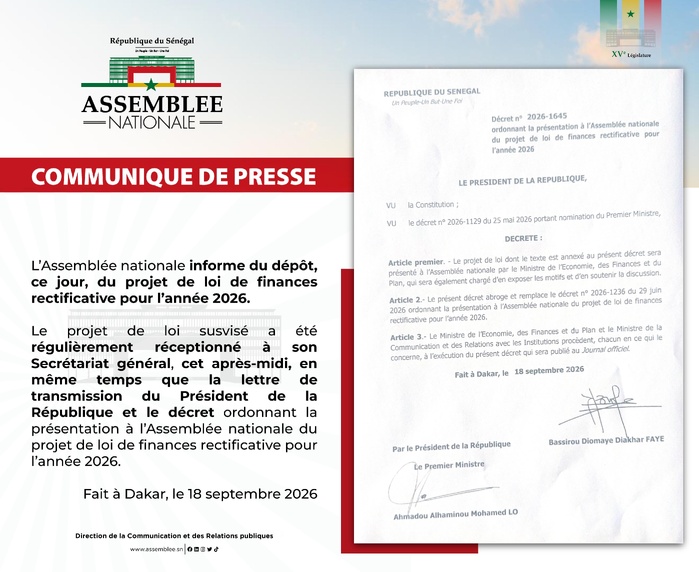 Budget rectificatif 2026 : L’Assemblée nationale a reçu ce vendredi le projet de LFR 2026