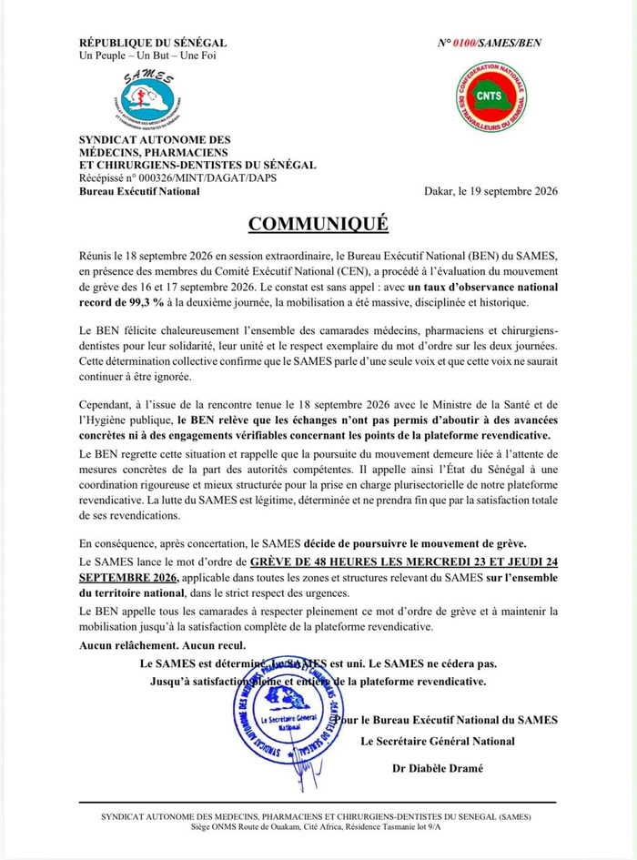 Santé : le SAMES annonce une nouvelle grève de 48 heures les 23 et 24 septembre