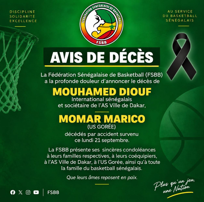 Nécrologie : le basketball sénégalais endeuillé par le décès de deux joueurs dans un accident