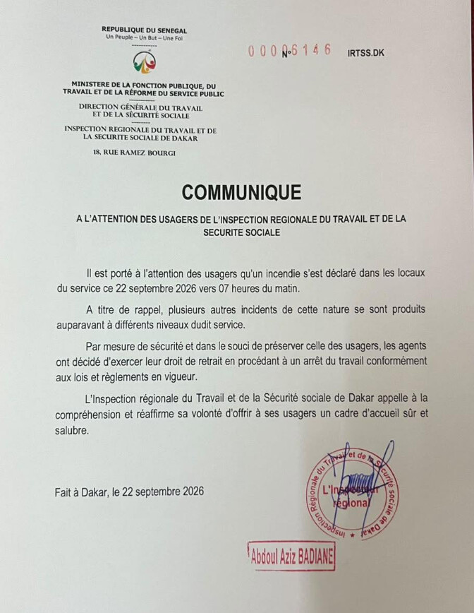 Incendie à l'Inspection du Travail de Dakar : les agents décident d'observer un "arrêt du travail "