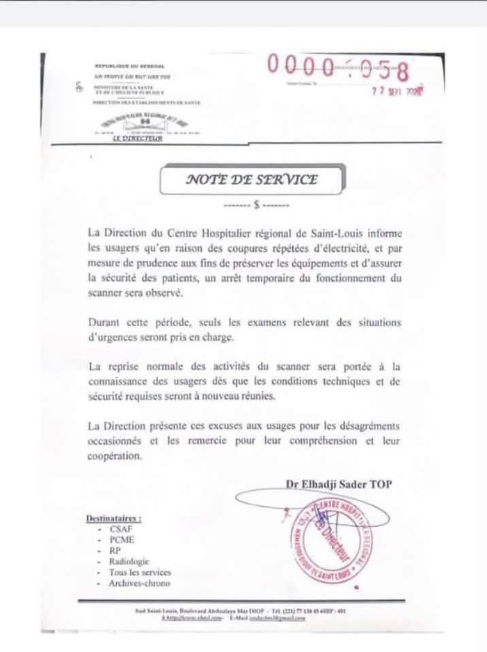 Saint-Louis : Le scanner de l'hôpital régional à l'arrêt à cause des coupures d'électricité