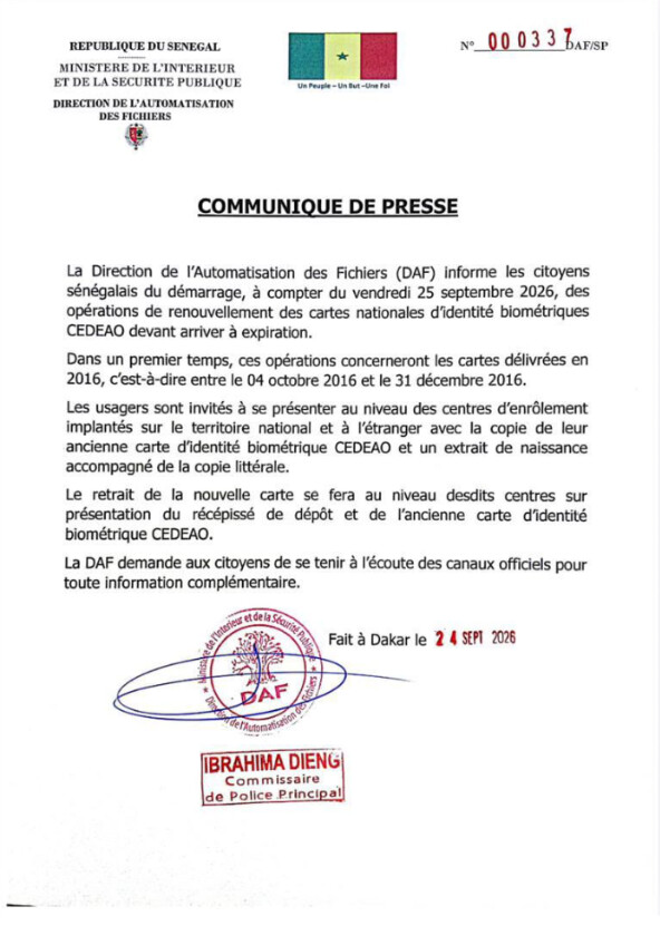 Cartes d'identité CEDEAO : La DAF ouvre le renouvellement par les cartes de 2016 à partir de ce vendredi