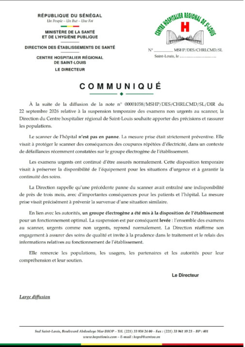 Saint-Louis : Reprise normale du scanner au Centre Hospitalier Régional