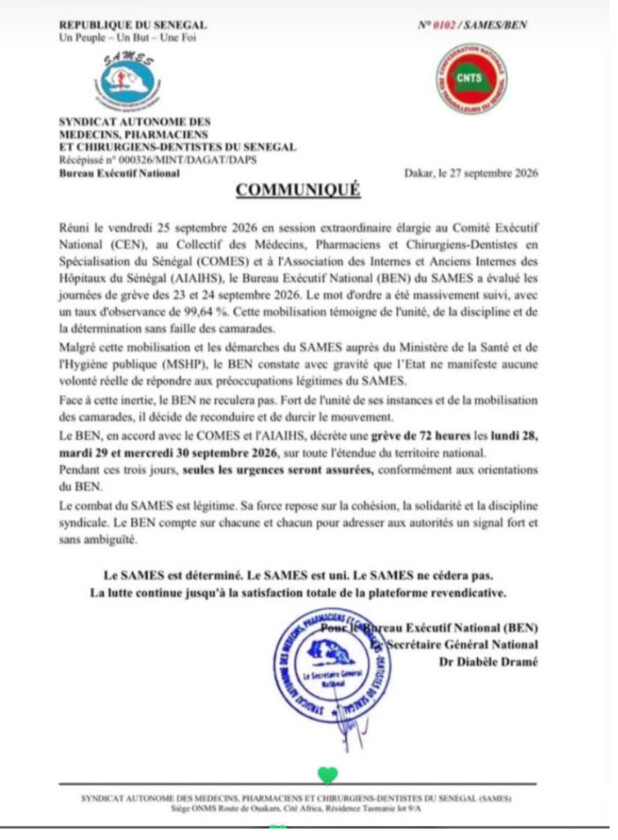 Le Sames annonce 72 heures de grève à partir du 28 septembre et durcit son mouvement
