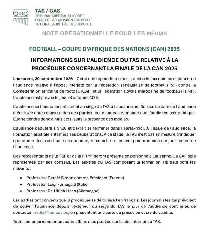 Finale CAN 2025 : Le TAS fixe au 8 octobre l'audience sur l'appel de la FSF contre la CAF et la FRMF Finale CAN 2025 : Le TAS fixe au 8 octobre l'audience sur l'appel de la FSF contre la CAF et la FRMF