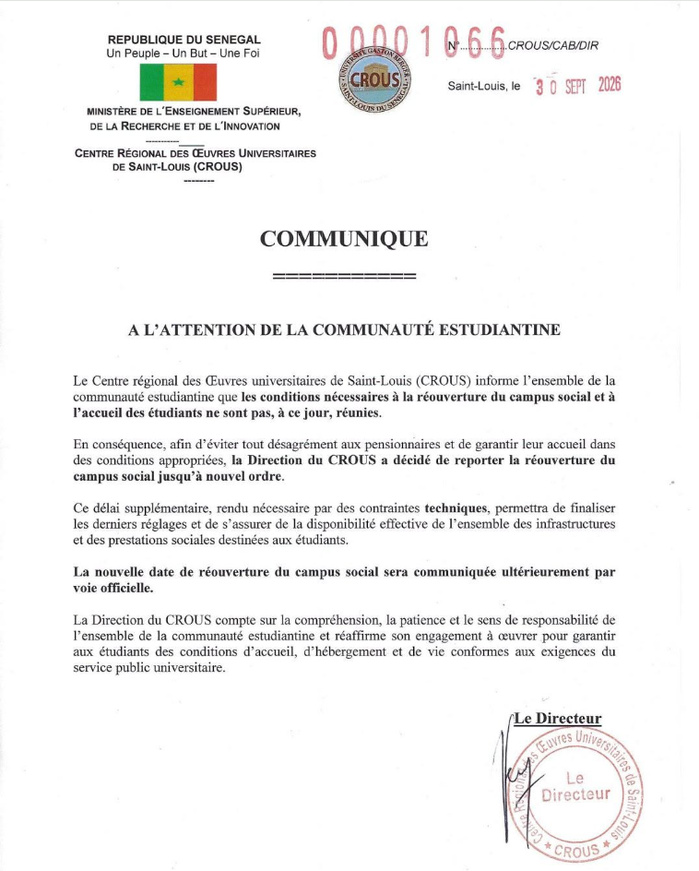 Saint-Louis: Le Crous reporte la réouverture du campus social jusqu'à nouvel ordre Saint-Louis: Le Crous reporte la réouverture du campus social jusqu'à nouvel ordre
