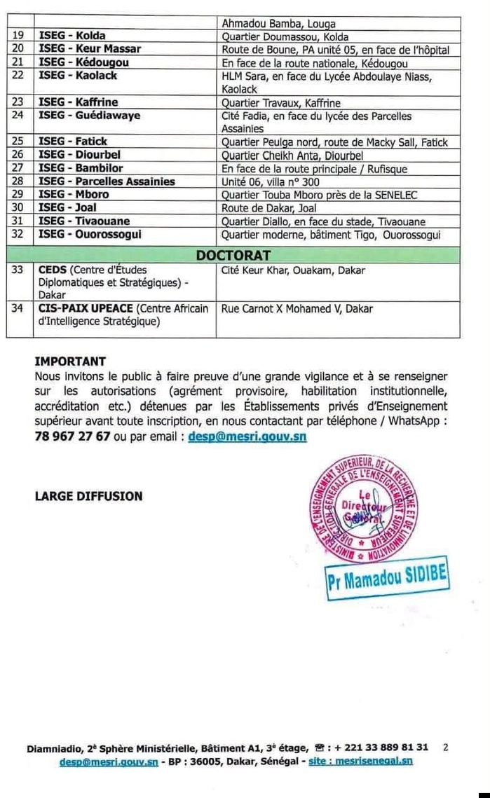 Établissements privés non reconnus : Une « Liste noire n°1 » dominée par 25 antennes ISEG à travers le pays Établissements privés non reconnus : Une « Liste noire n°1 » dominée par 25 antennes ISEG à travers le pays