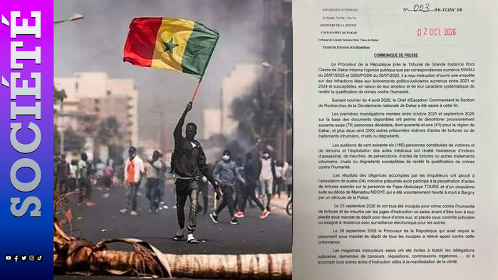 Enquête sur les crimes présumés de 2021-2024 : « 76 décès, plus de 200 victimes de tortures, 5 inculpations, 2 mandats de dépôt » ( Procureur de la République) Enquête sur les crimes présumés de 2021-2024 : « 76 décès, plus de 200 victimes de tortures, 5 inculpations, 2 mandats de dépôt » ( Procureur de la République)