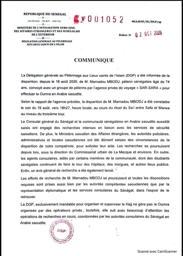 Oumra 2026 : Un pèlerin sénégalais âgé de 74 ans porté disparu à la Mecque depuis le 18 août