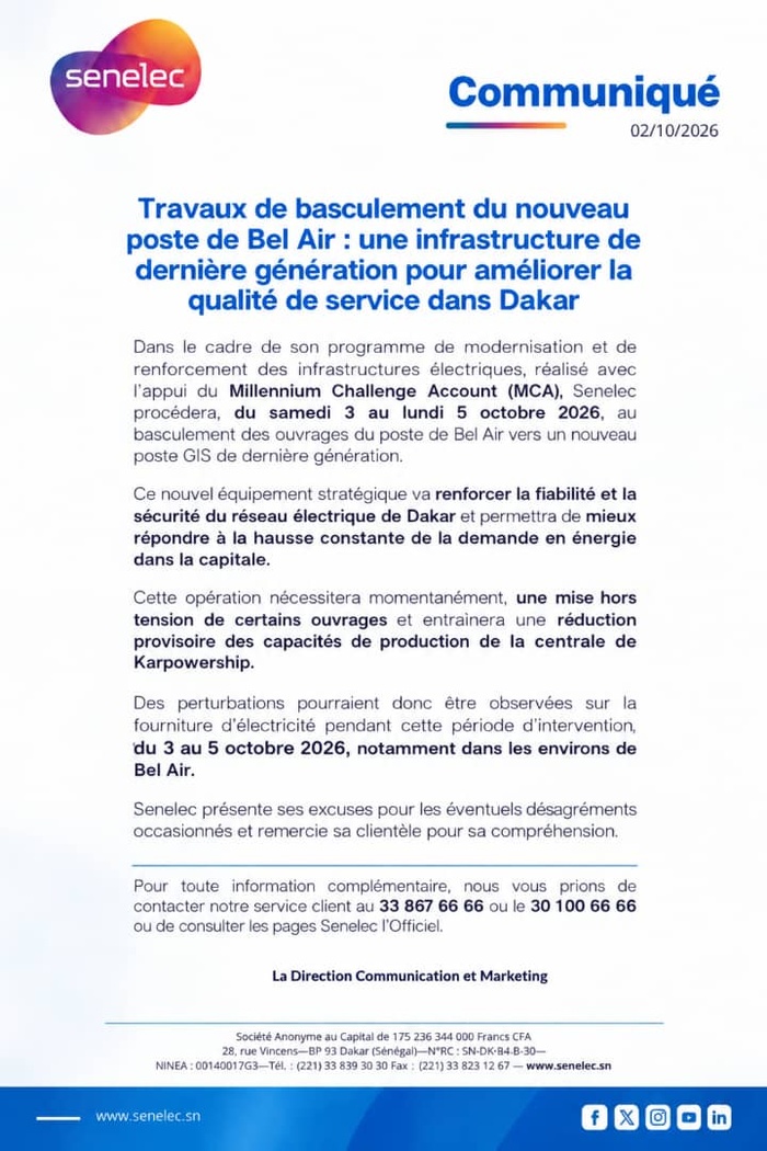 Travaux de basculement du poste de Bel Air : Senelec annonce  des perturbations à Dakar du 3 au 5 octobre