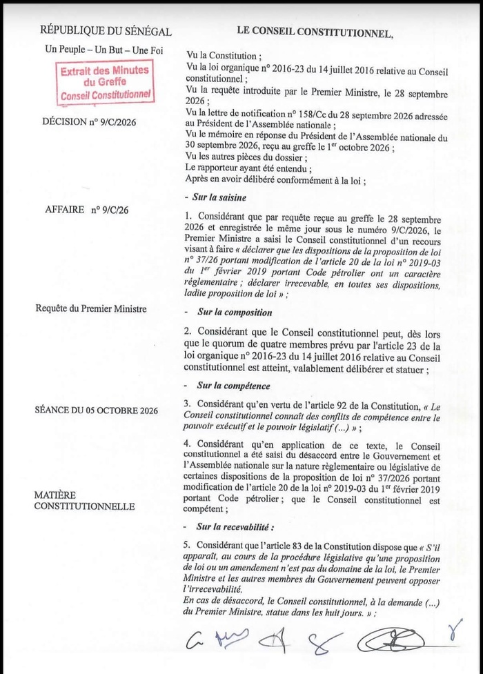 Code pétrolier : Le Conseil constitutionnel déclare irrecevable la proposition de loi n° 37/2026 Code pétrolier : Le Conseil constitutionnel déclare irrecevable la proposition de loi n° 37/2026