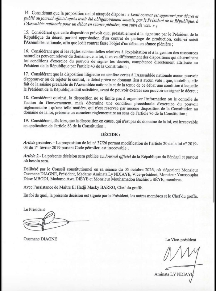 Code pétrolier : Le Conseil constitutionnel déclare irrecevable la proposition de loi n° 37/2026