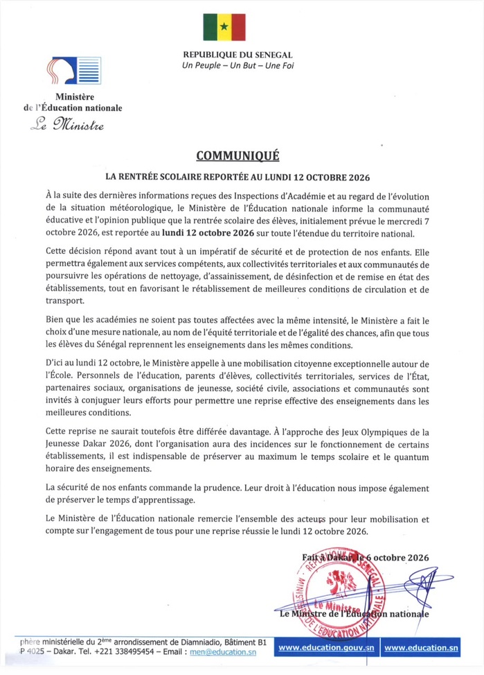 Fortes pluies au Sénégal : La rentrée des classes initialement prévue ce mercredi est reportée au 12 octobre 2026 (MEN) Fortes pluies au Sénégal : La rentrée des classes initialement prévue ce mercredi est reportée au 12 octobre 2026 (MEN)