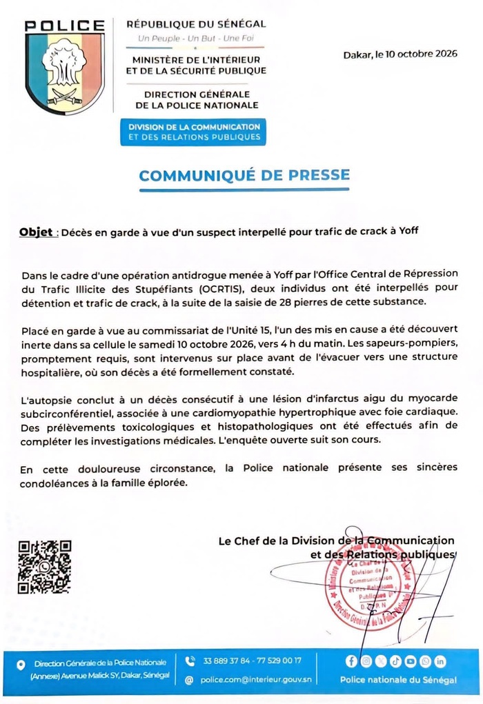 Un homme arrêté pour trafic présumé de crack décède après son placement en garde à vue au commissariat de l’Unité 15 : la Police livre les conclusions de l’autopsie