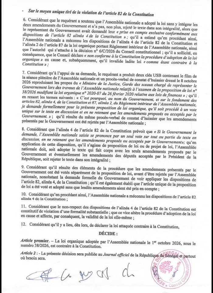 Procédure de vote à l’Assemblée : Saisi par le président de la République, le Conseil constitutionnel invalide la loi organique…une violation de l’article 82 entraîne son invalidation