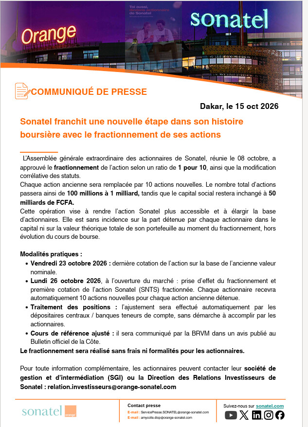 Bourse : Sonatel procède au fractionnement de ses actions, le nombre de titres multiplié par dix