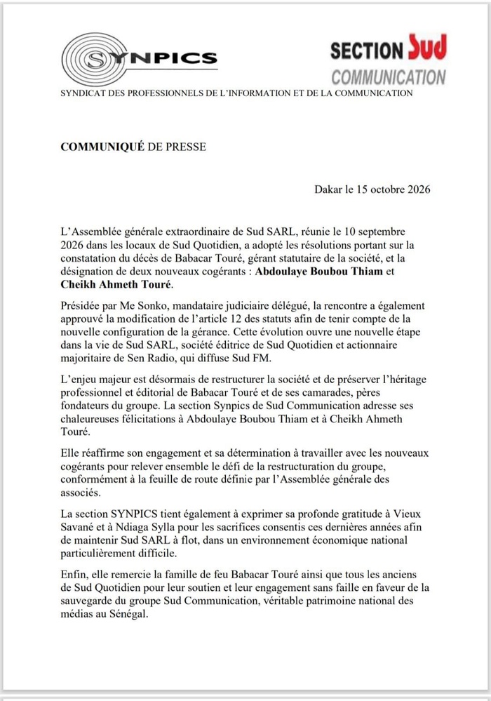 Sud SARL : Abdoulaye Boubou Thiam et Cheikh Ahmeth Touré désignés cogérants après le décès de Babacar Touré