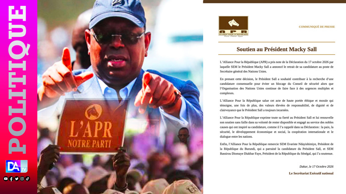 Retrait de Macky Sall de la course à l’ONU : l’APR salue un acte de « haute portée éthique et morale » et remercie Diomaye Faye