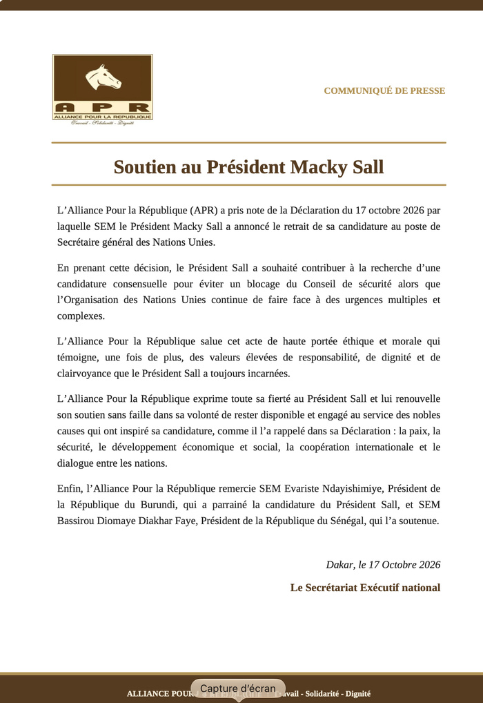 Retrait de Macky Sall de la course à l’ONU : l’APR salue un acte de « haute portée éthique et morale » et remercie Diomaye Faye Retrait de Macky Sall de la course à l’ONU : l’APR salue un acte de « haute portée éthique et morale » et remercie Diomaye Faye