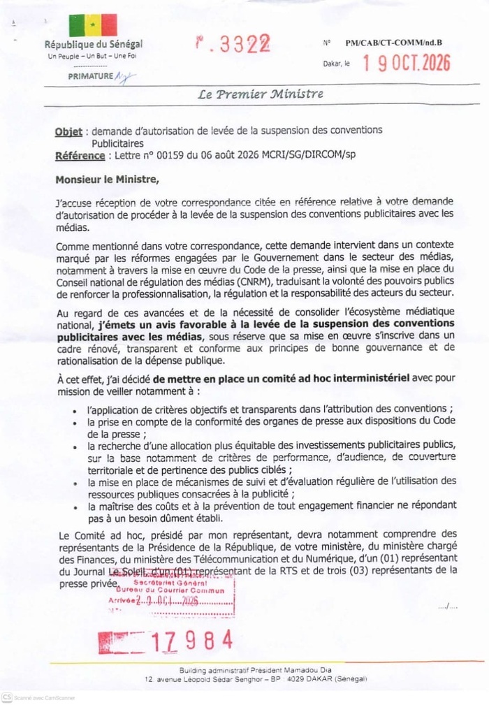 Levée de la suspension des conventions publicitaires avec les médias: Le Premier ministre donne son feu vert