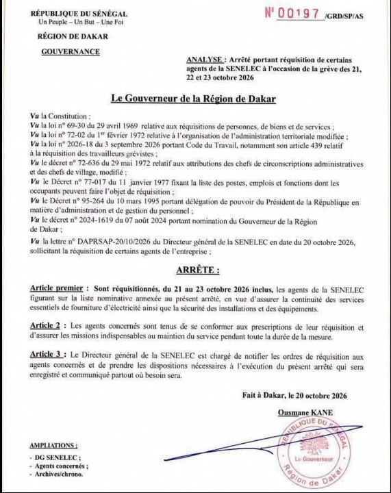 Grève à la SENELEC : Le Gouverneur de Dakar réquisitionne certains agents du 21 au 23 octobre 2026