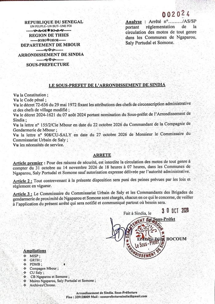 PETITE-CÔTE : Les motos interdites de circulation la nuit à Saly, Ngaparou et Somone PETITE-CÔTE : Les motos interdites de circulation la nuit à Saly, Ngaparou et Somone