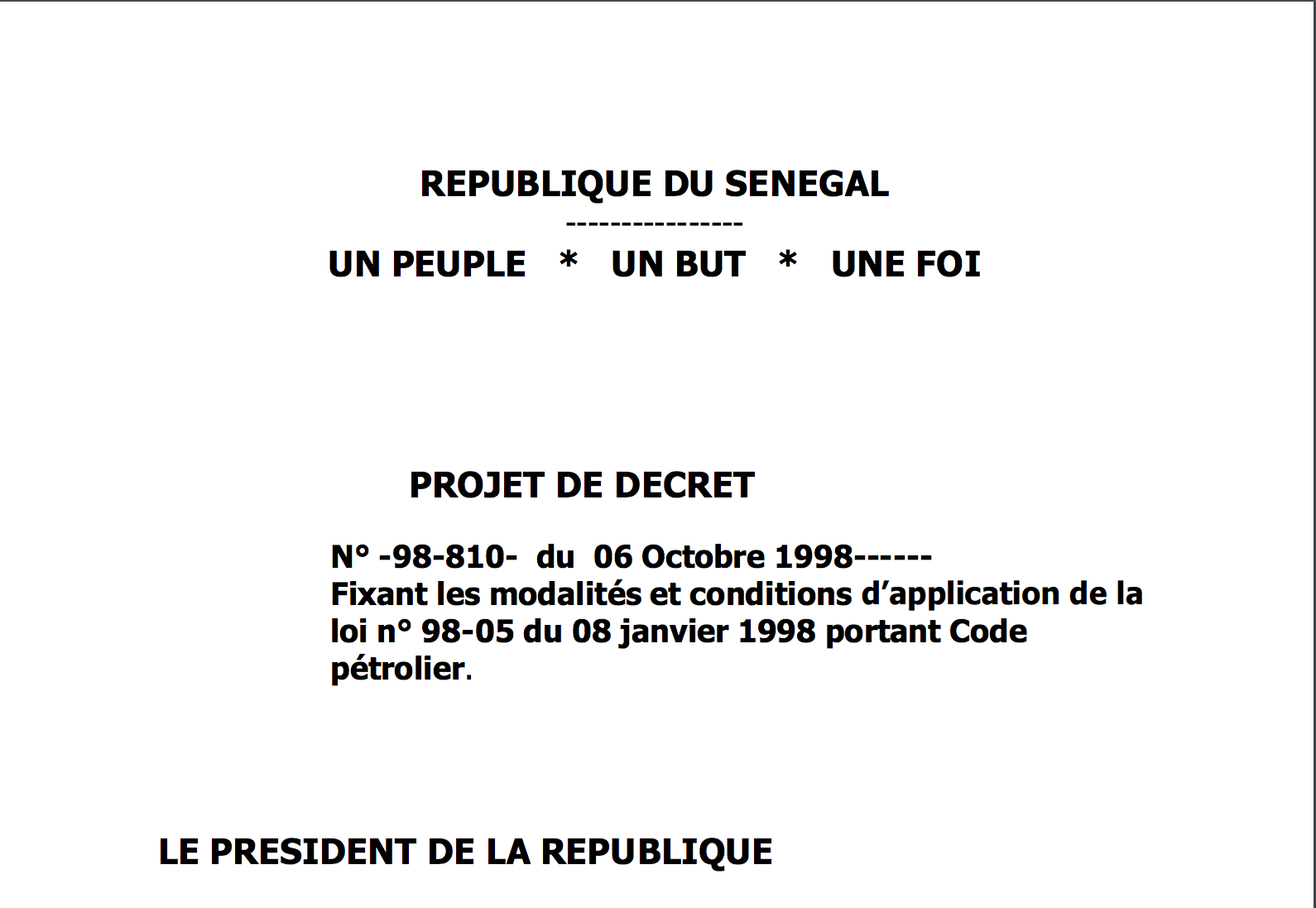 Décret N° -98-810- du 06 Octobre 1998 fixant les modalités et conditions d’application de la loi n° 98-05 du 08 janvier 1998 portant Code pétrolier.