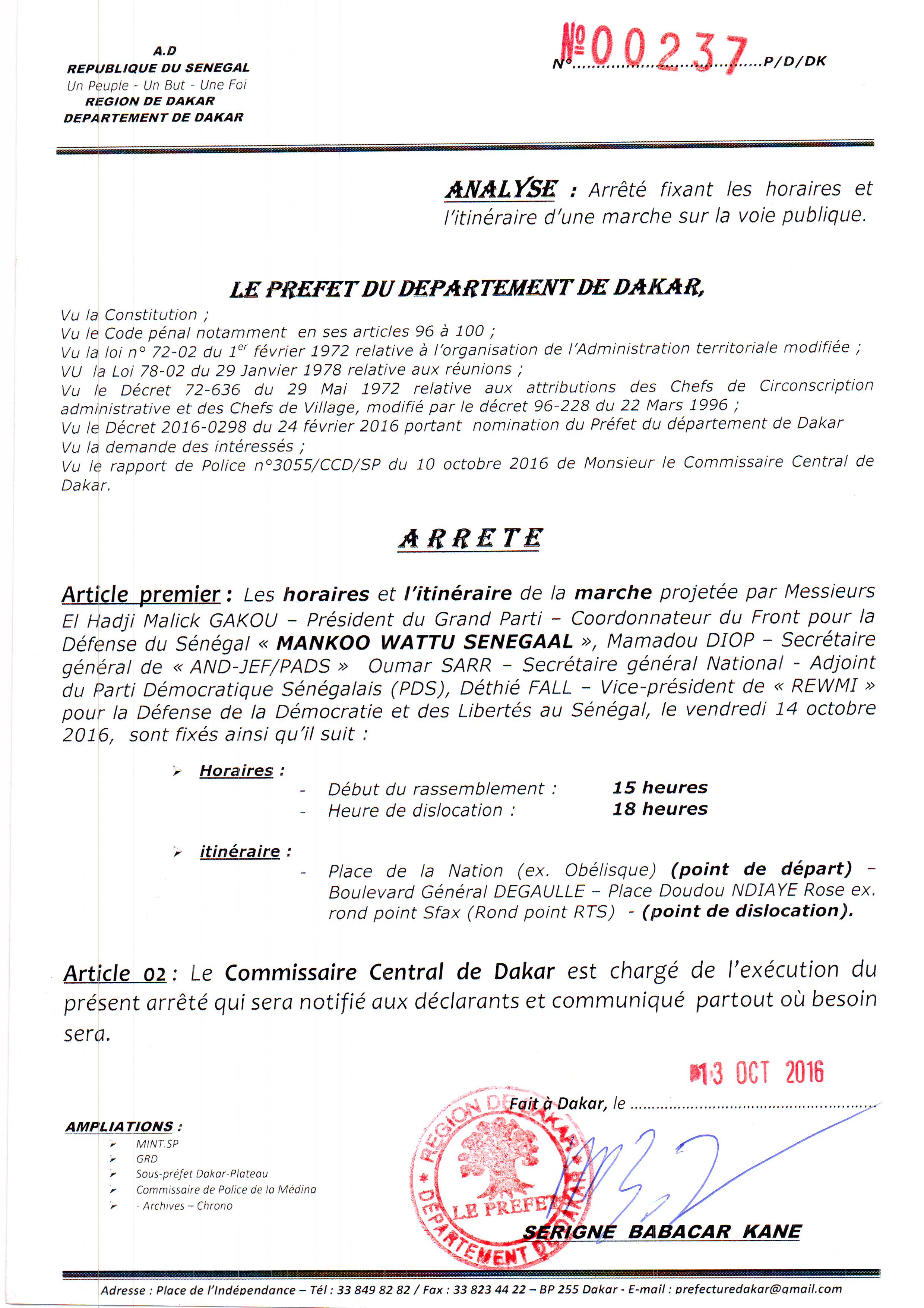 LA MARCHE DE L'OPPOSITION AUTORISÉE