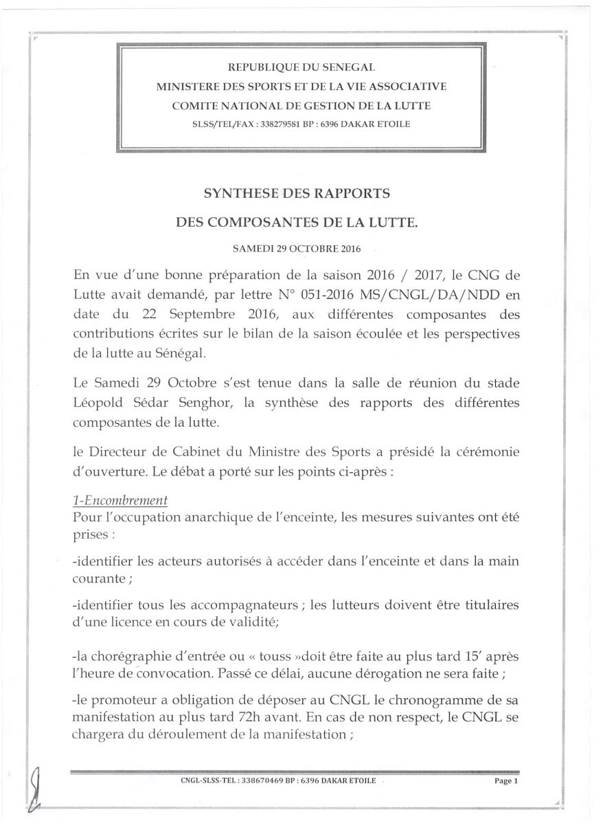 Synthèse des rencontres (2016) entre le CNG de lutte et les différentes composantes de l'arène