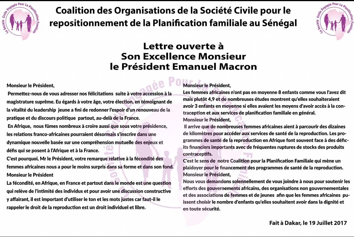 Lettre ouverte de la Coalition des ONG pour la planification familiale au Président Macron (DOCUMENT)